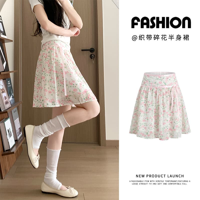 Pink strappy floral skirt, summer high-waisted slimming A-line sweet short skirt, Korean chiffon bow fairy skirt