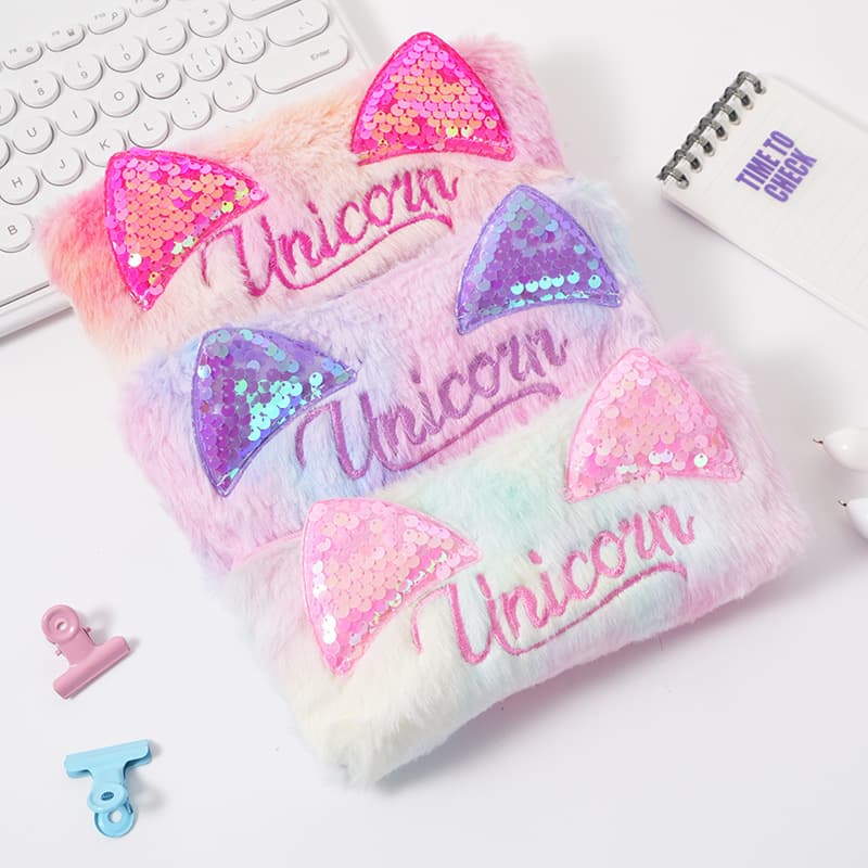 Cross-border colorful sequined cat ears plush document bags, student stationery pencil bags, children's various small items bags