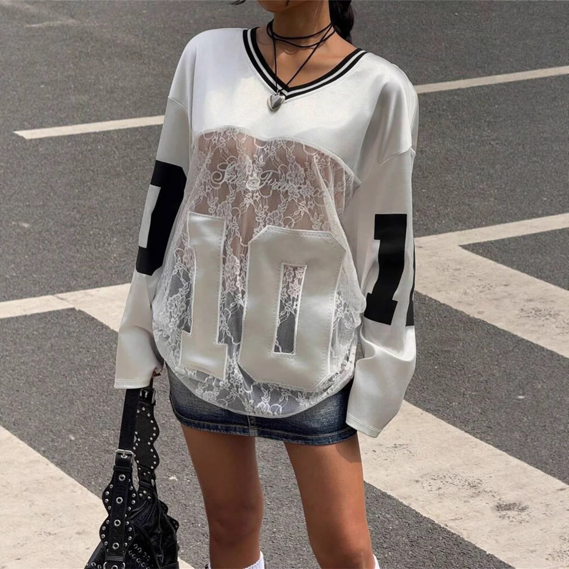 Black European and American Style Spring/Summer New Cross-Border Trendy Digital Lace Spliced See-Through V-Neck Long-Sleeve Top