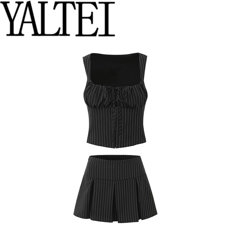 ZAR Autumn New Women's European-American Style French Design Vest Striped Tie Top Pleated Skirt Set