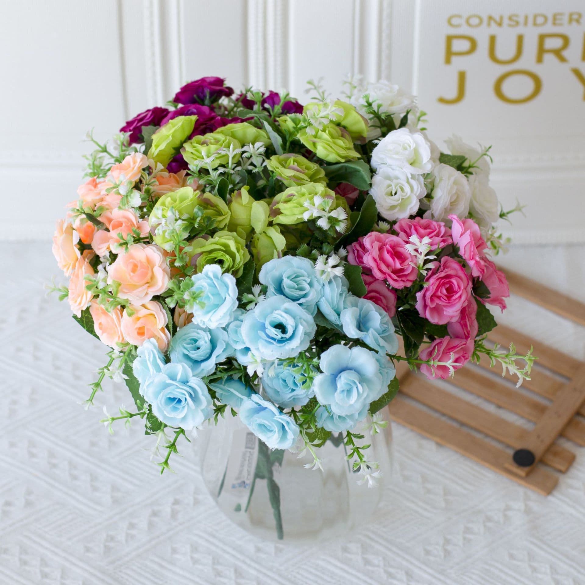 Wholesale high-end Korean artificial flowers 5 prongs 15 heads mini rose new home decoration wedding set artificial flowers