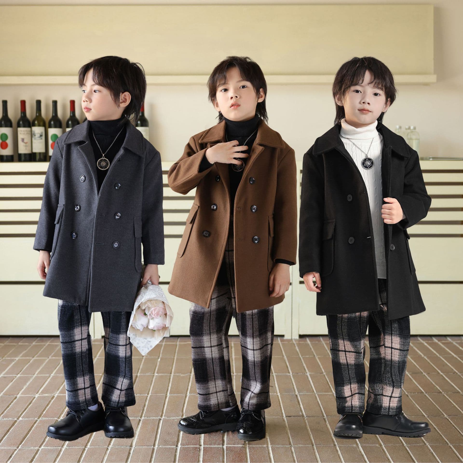 2024 Autumn/Winter New Boys' Double-Breasted Fashionable Wool Coat Thickened Children's Lapel Mid-Long Wool Jacket