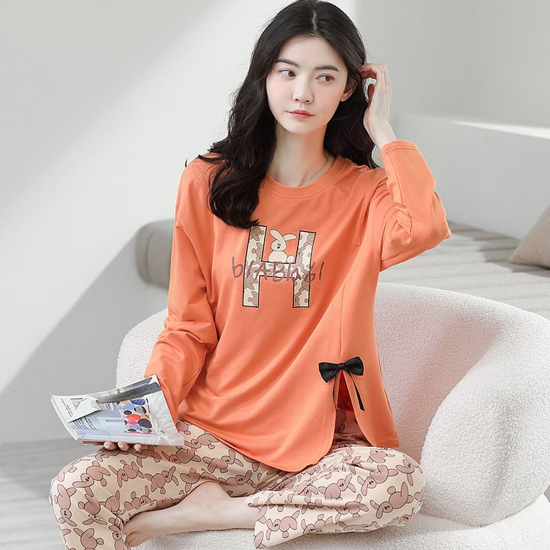 New Spring/Autumn 100% Cotton Women's Round Neck Long Sleeve Loungewear Set, Loose and Casual Fashionable Autumn Women's Suit