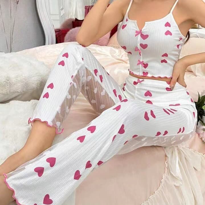 2025 new hot-selling home print contrasting color splicing mesh home clothes front slit suspenders pajamas set