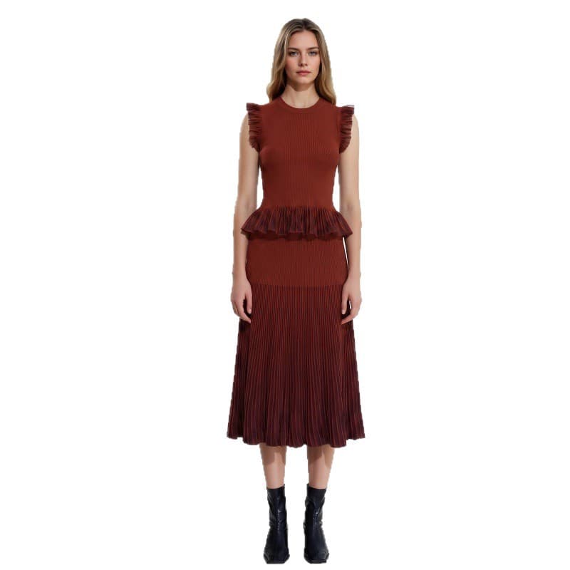 Factory Wholesale Cross-Border Trade Brownish-Red Round Neck Sleeveless Knit Top High-Waist Stretch Skirt Fashion Casual Set