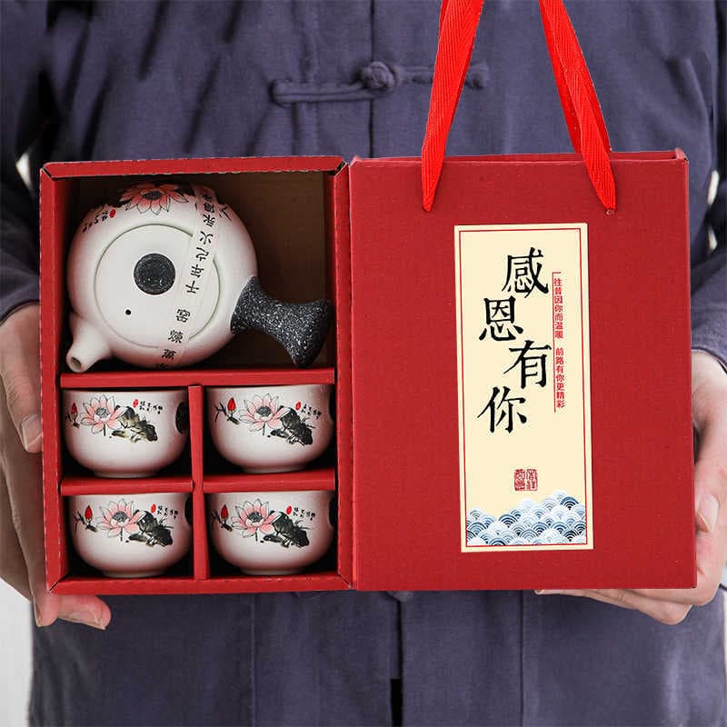 Wholesale Snow Glaze Kung Fu Tea Set Ceramic Side-handle Pot Promotion Event Gift Wedding Souvenir Gift Box