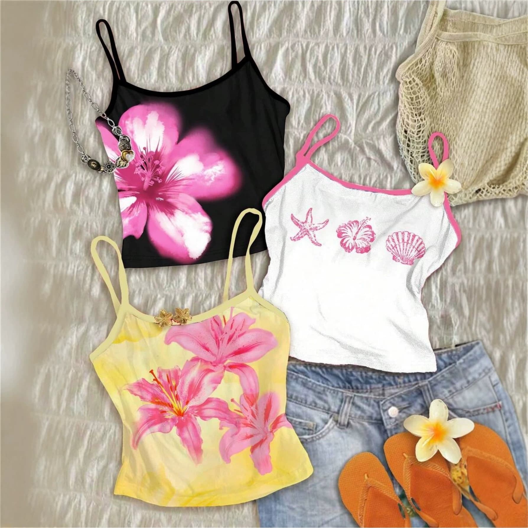 New Fresh Style for Girls, Fashionable, Cute and Fun 3D Digital Printed Three-Piece Set of Camisole Tops