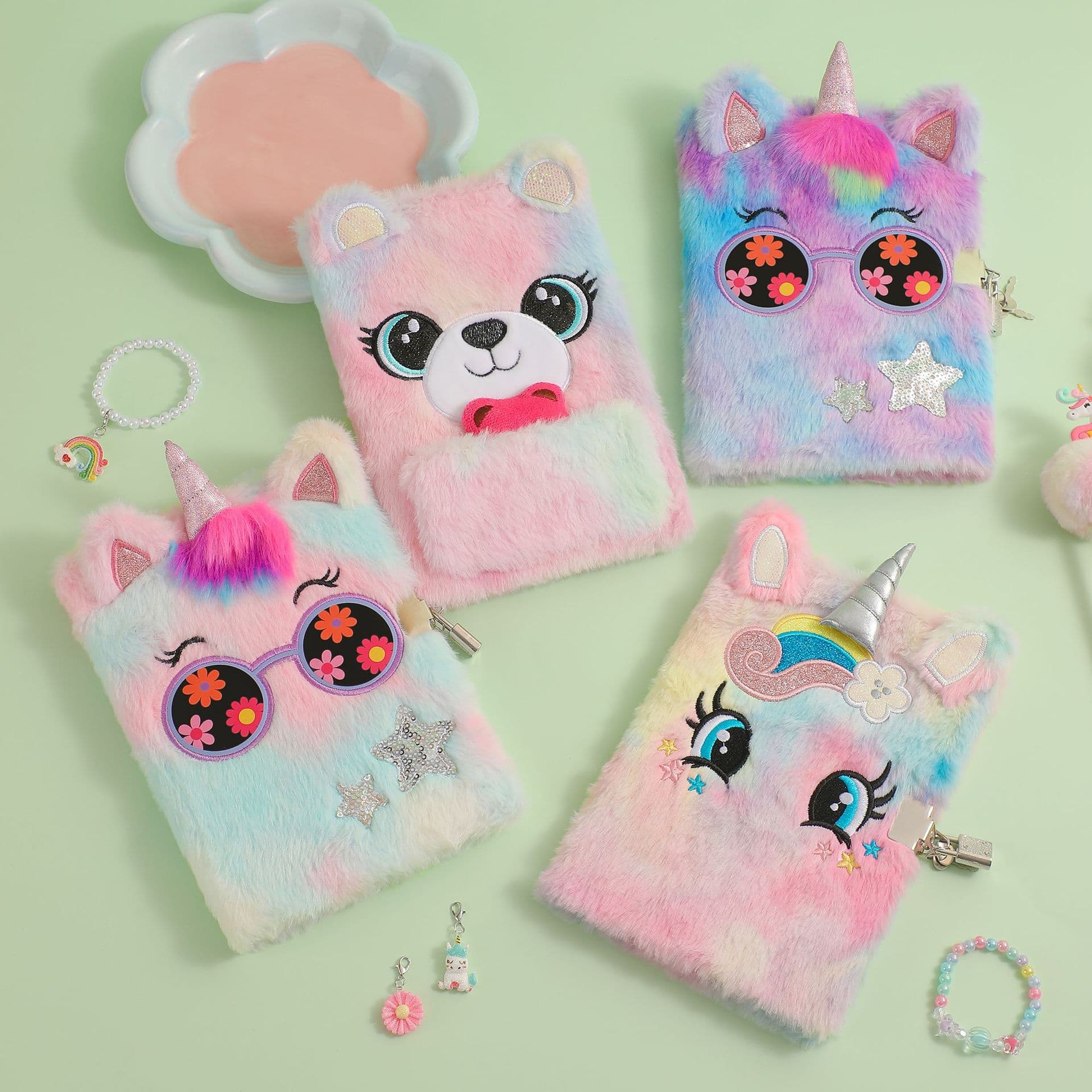 Kids Cartoon Big-Eyed Unicorn Plush Notebook for Students, Cute Locked Diary, Reward Gift, Ledger