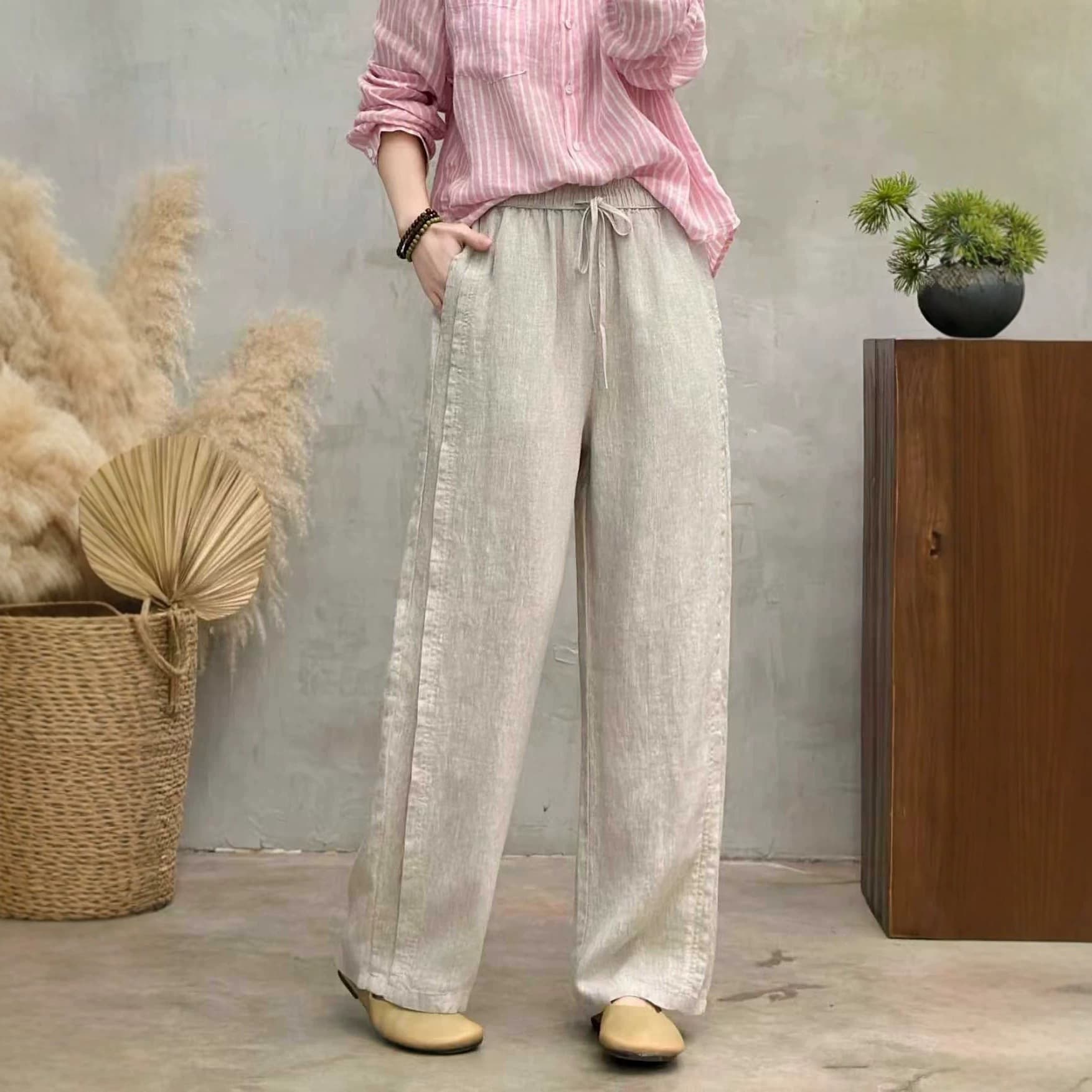 Elastic Drawstring Waist Pleated Linen Cropped Pants for Women 2026 Summer Fashion New Style Linen Women's Pants Wholesale