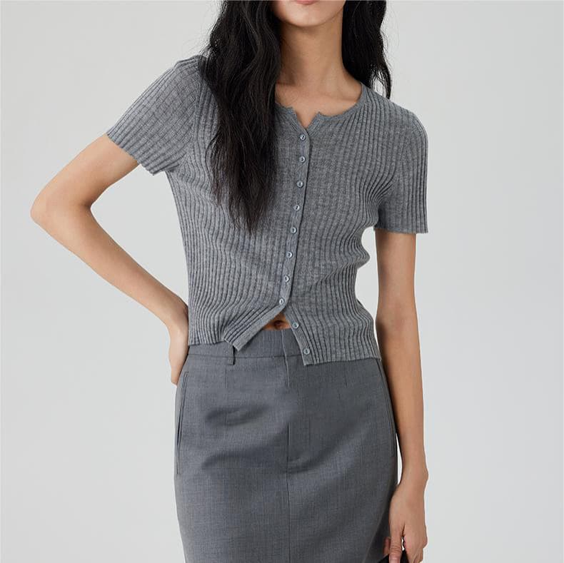 16-Gauge Fine Wool Blend Scoop Neck Short Cropped Ribbed Knit Top Women's Summer New Short Sleeve Top 6812