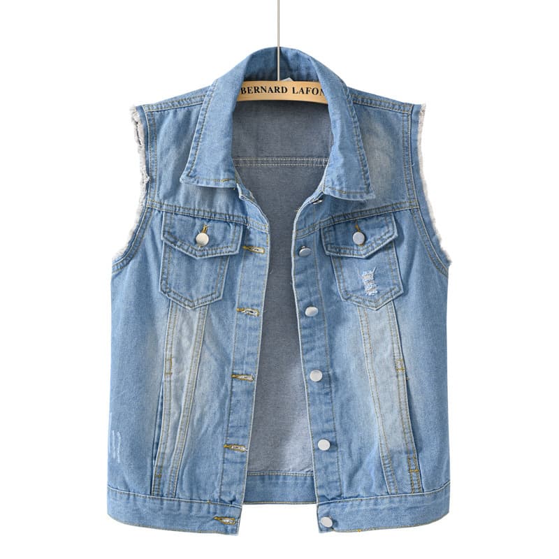Light Denim Vest for Women Short Spring Summer Slim Fit Multi-Color Frayed Edge Sleeveless Vest with Ripped Details