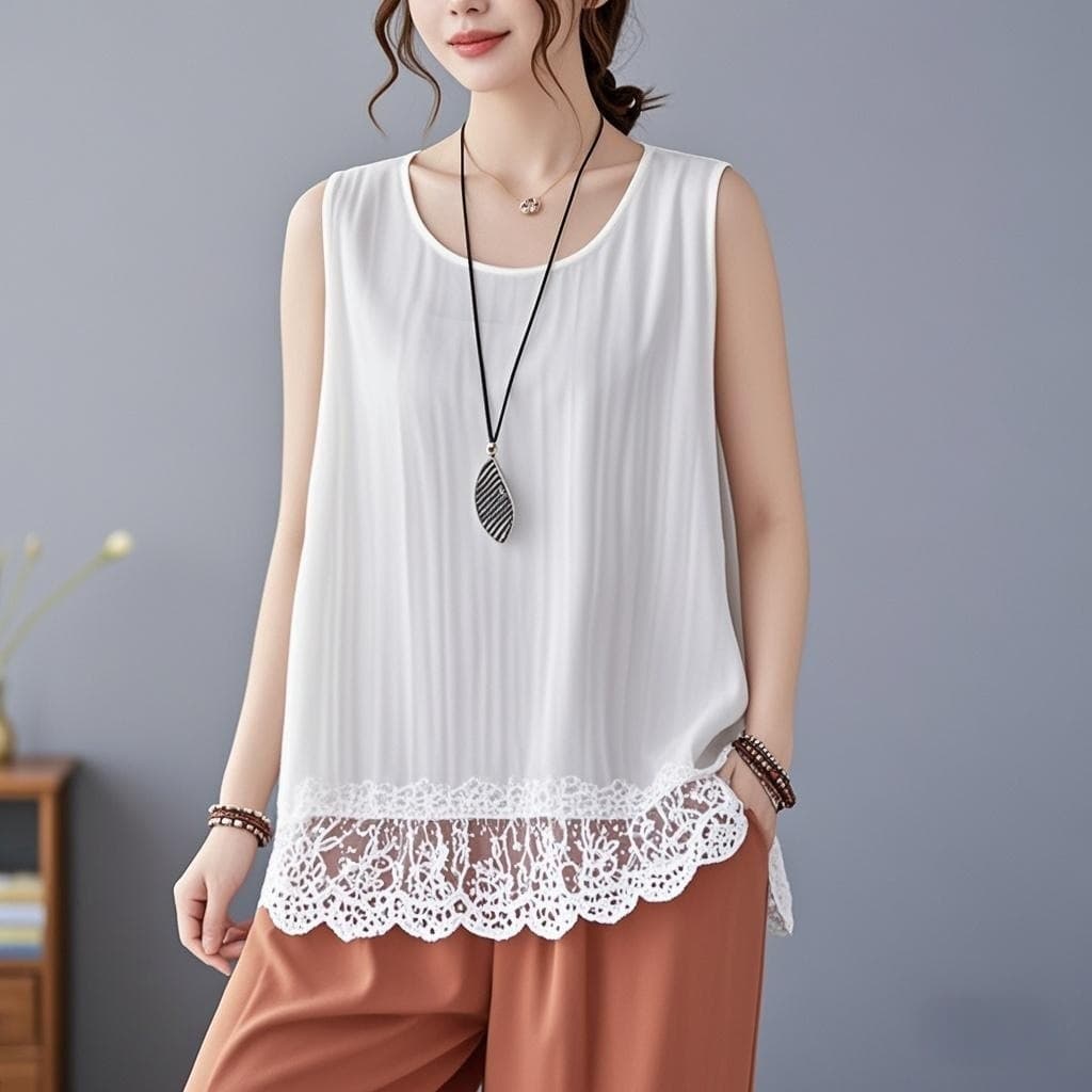 Plus Size Summer Linen Vest Lace Cover Belly Sleeveless White Vest/Camisole/Tube Top