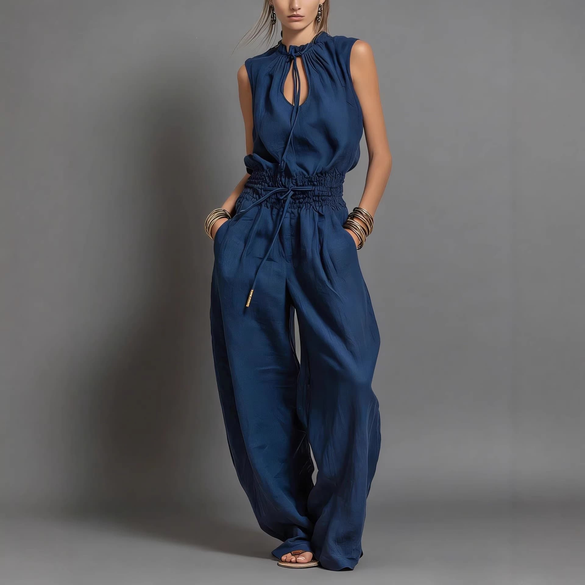 2026 Summer New European and American Cross-border Women's Fashion Street Style Loose Sleeveless Waist-cinching Wide-leg Jumpsuit