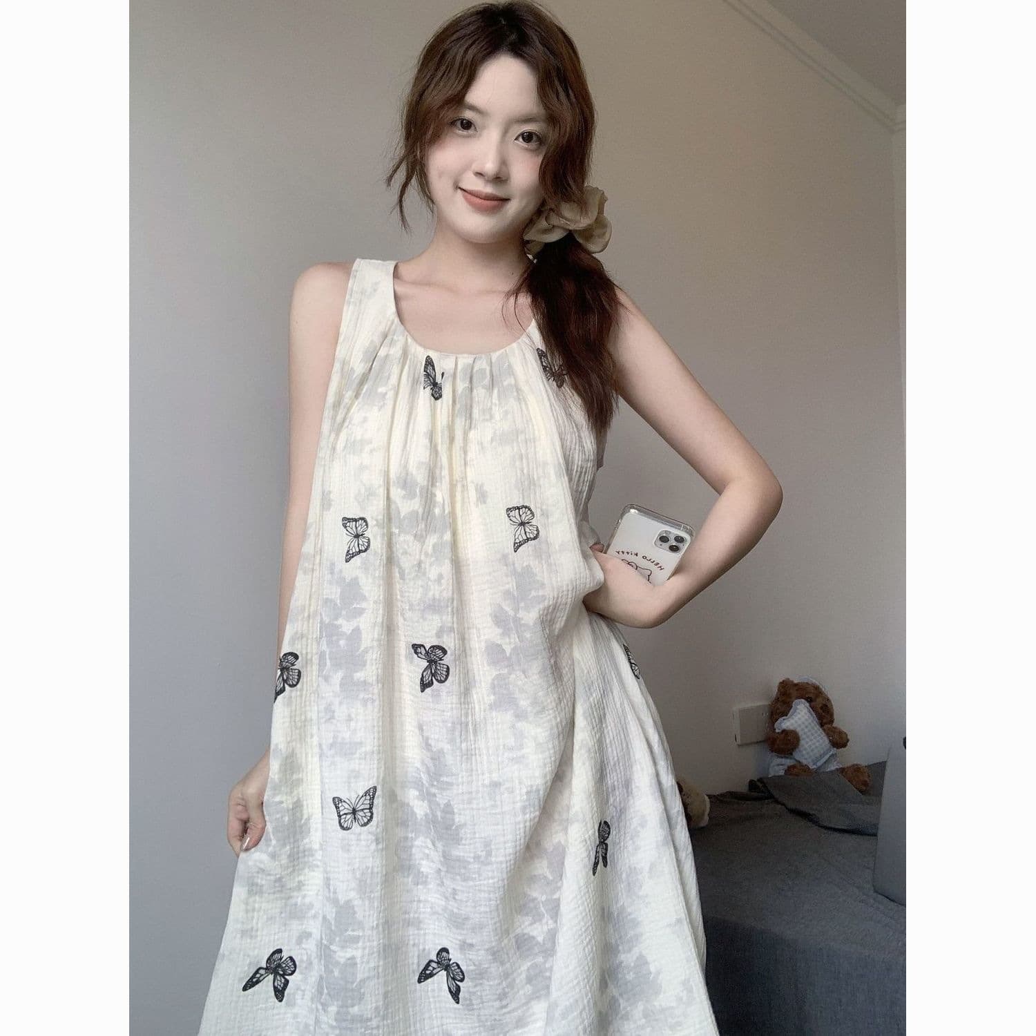 Butterfly Print Cloud Cotton Sleep Dress Women's Summer with Bra Pad 2026 New Sweet Pajamas Home Sleep Dress