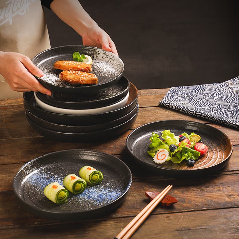 Manufacturer wholesale Western steak plate, Japanese and Korean style ceramic round deep plate, household large soup plate, grained flat bottom plate