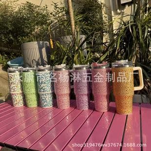 Cross-border Hot Selling 40oz Car Cup, Heart-shaped, 304 Stainless Steel, Rhinestone-embedded, Insulated Cup with Handle, Car Straw Cup