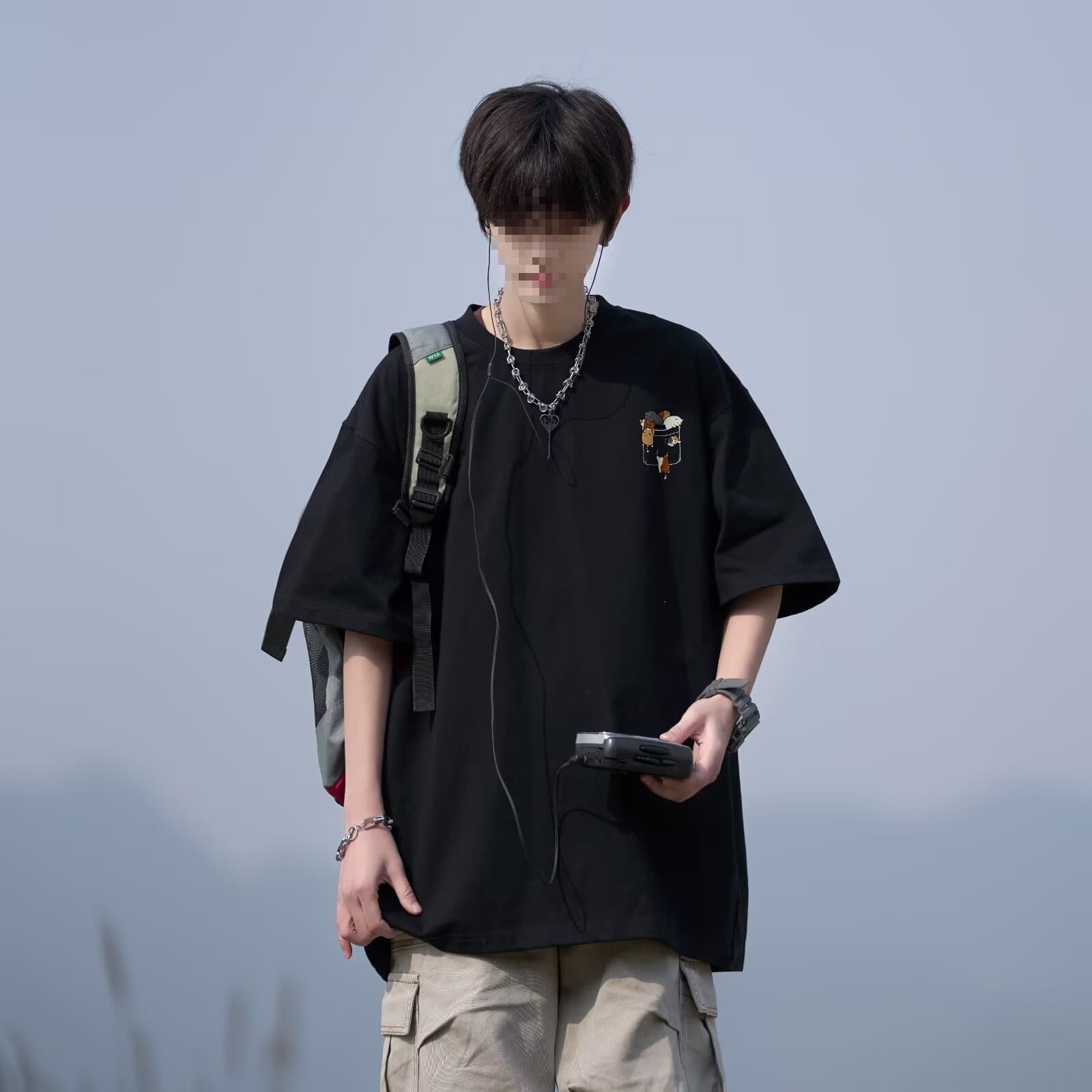 Japanese trendy brand heavyweight 300g combed cotton embroidered short-sleeved T-shirt men's summer loose and versatile round neck half-sleeved black