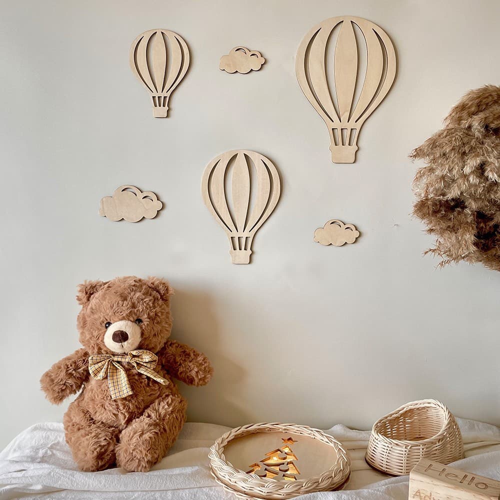 Nordic Ins Style Wooden 3D Hot Air Balloon Cloud Wall Sticker for Kids Room Decoration, Cover-Up Background Wall Art