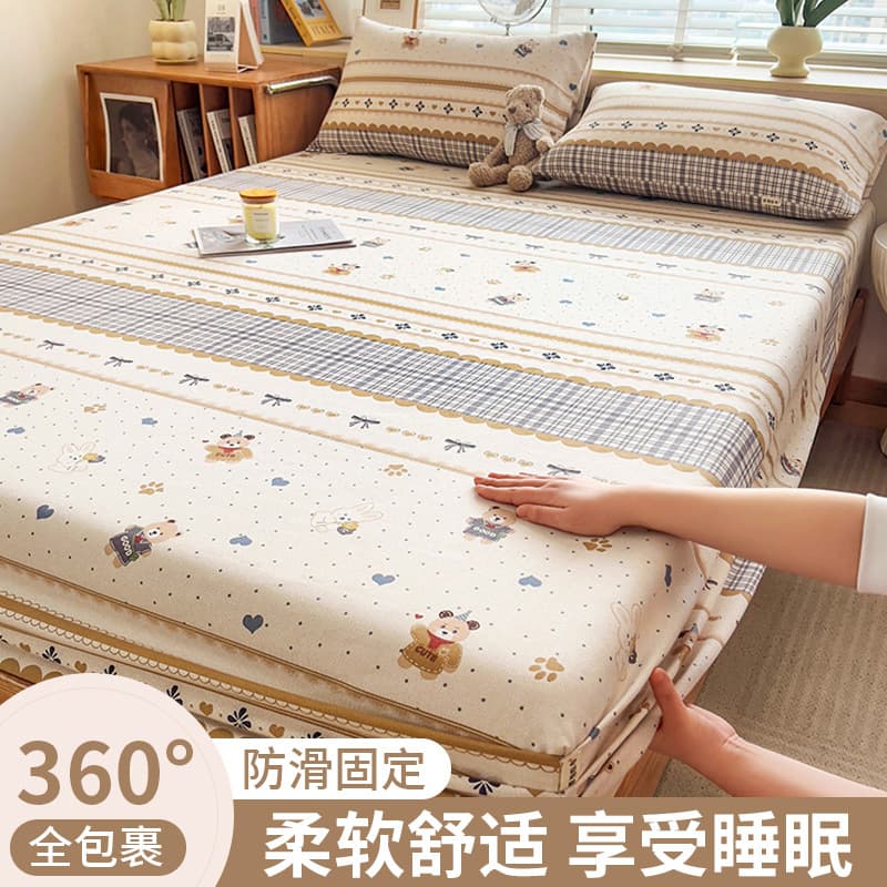 Cartoon Coarse Cotton Fitted Sheet Three-Piece Set, Washed Cotton Bed Cover, Thickened Bed Sheet for Children, Student Dormitory Mattress Protector