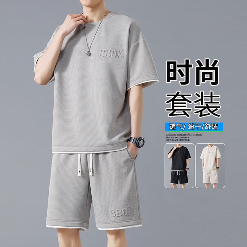 Men's Summer Waffle Knit Short Sleeve T-Shirt and Shorts Set, Two-Piece Casual Outfit, Thin Style, Trendy Brand