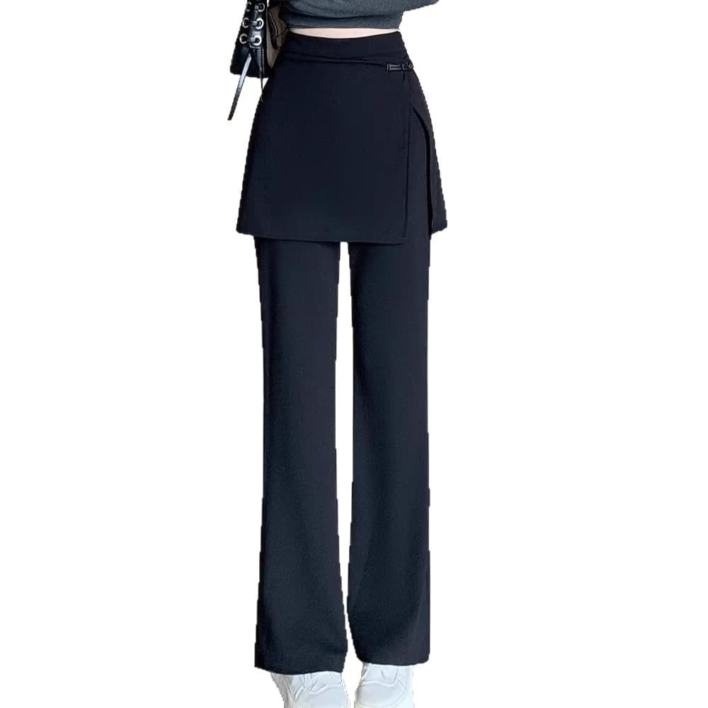 Summer Thin Straight-Leg Pants, Faux Two-Layer Casual Trousers for Women, 2026 New High-Waist Slimming Pants with Waist Curtain, Plus Size