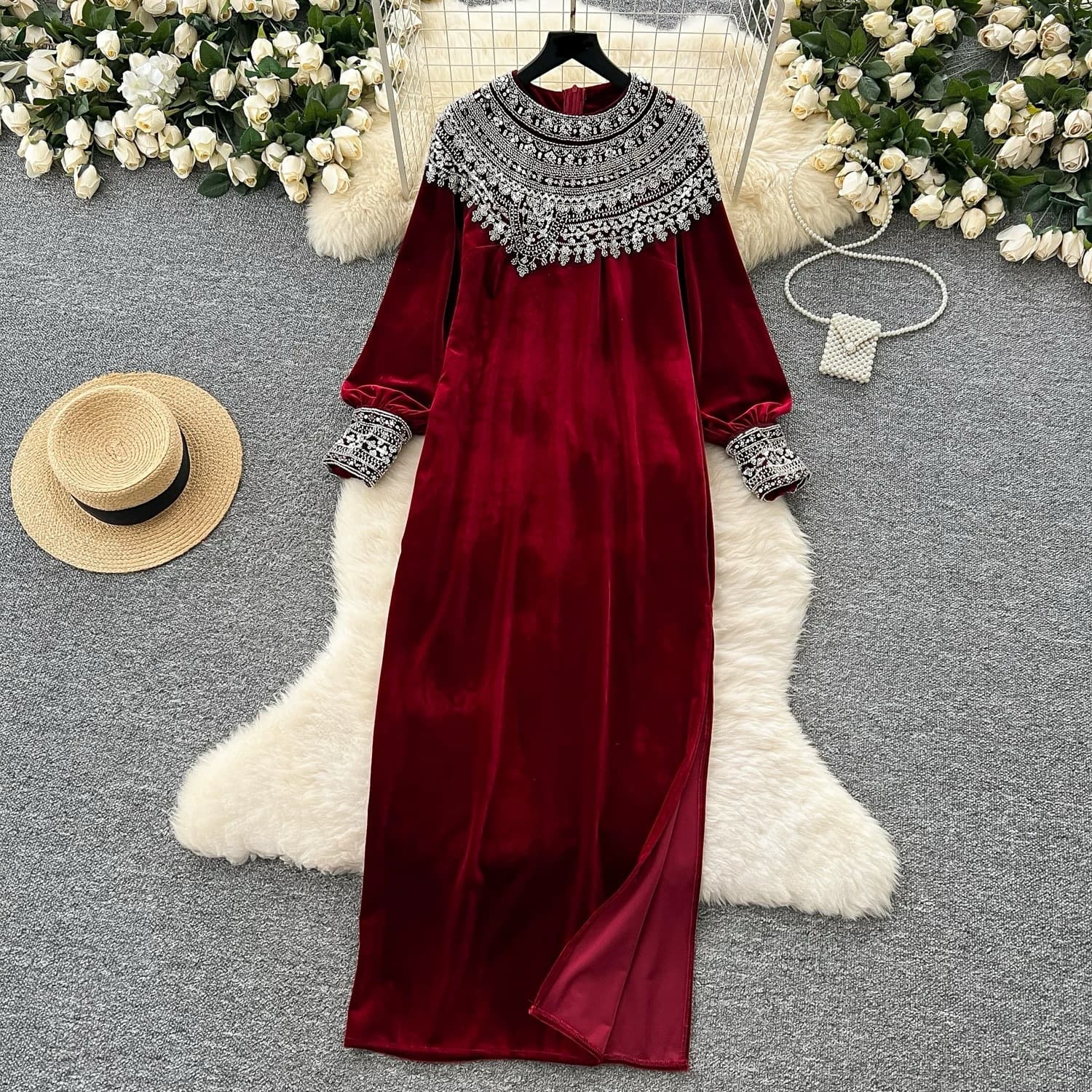 Plus Size Women's Elegant Velvet Dress 2024 Autumn/Winter Stylish French Style Long Sleeve Jewel Slim Fit Robe De Soiree