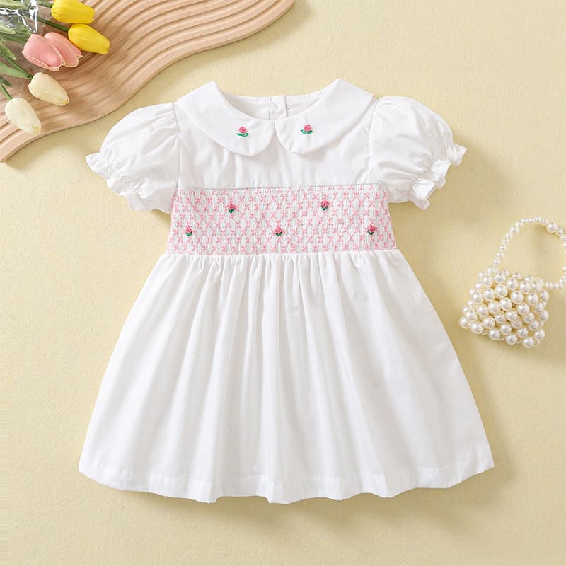 New Summer Girls' Dress Retro Shirred Embroidered White Cotton Short-Sleeve Dress for Toddlers & Kids Stylish