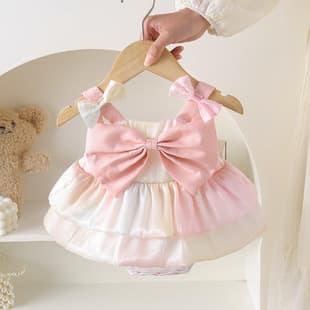 Newborn Summer Thin Romper, Girl Baby 100-Day and First Birthday Princess Colorful Bowknot Sleeveless Diaper Dress