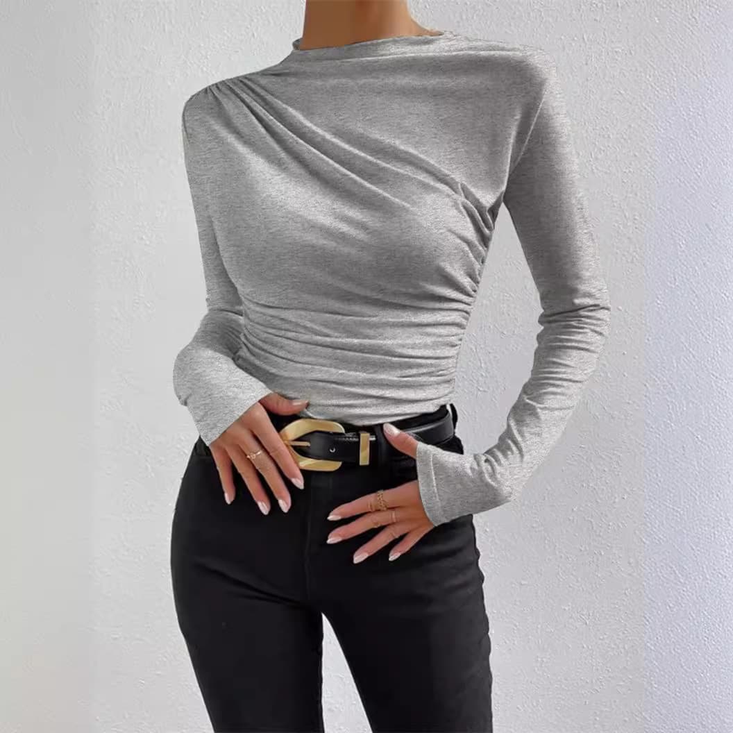 Cross-border 2025 Europe and America Solid Color Slim Fit Base Layer Versatile Ruched Design Long Sleeve T-Shirt Women's Top