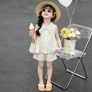 Girls Polka Dot Lace Collar Sleeveless Top Shorts Two-Piece Set 2026 Summer New Casual Sweet Children's Set