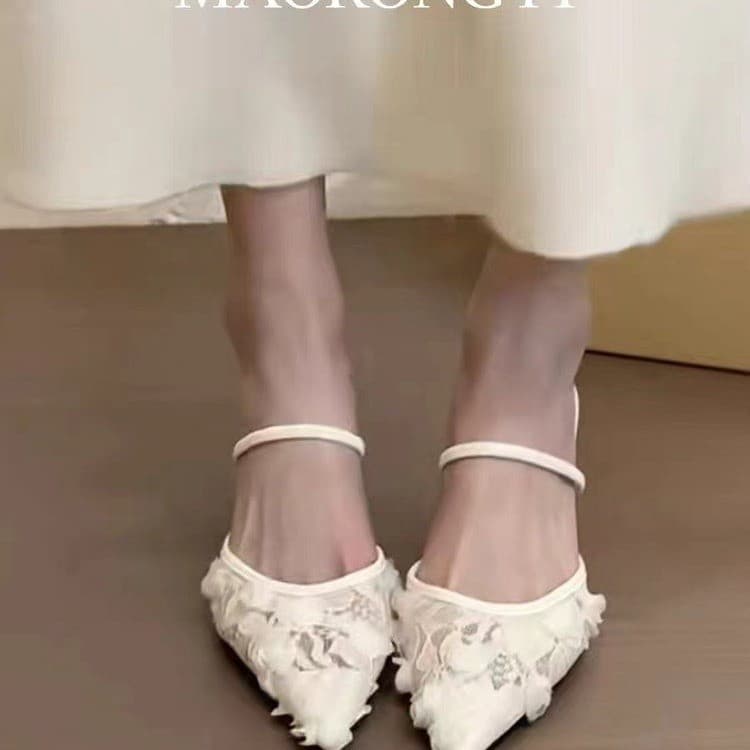 Pointed Toe Mule Slippers Women 2026 Summer New Mesh Women Thin Heel Lace Sandals Women Wholesale
