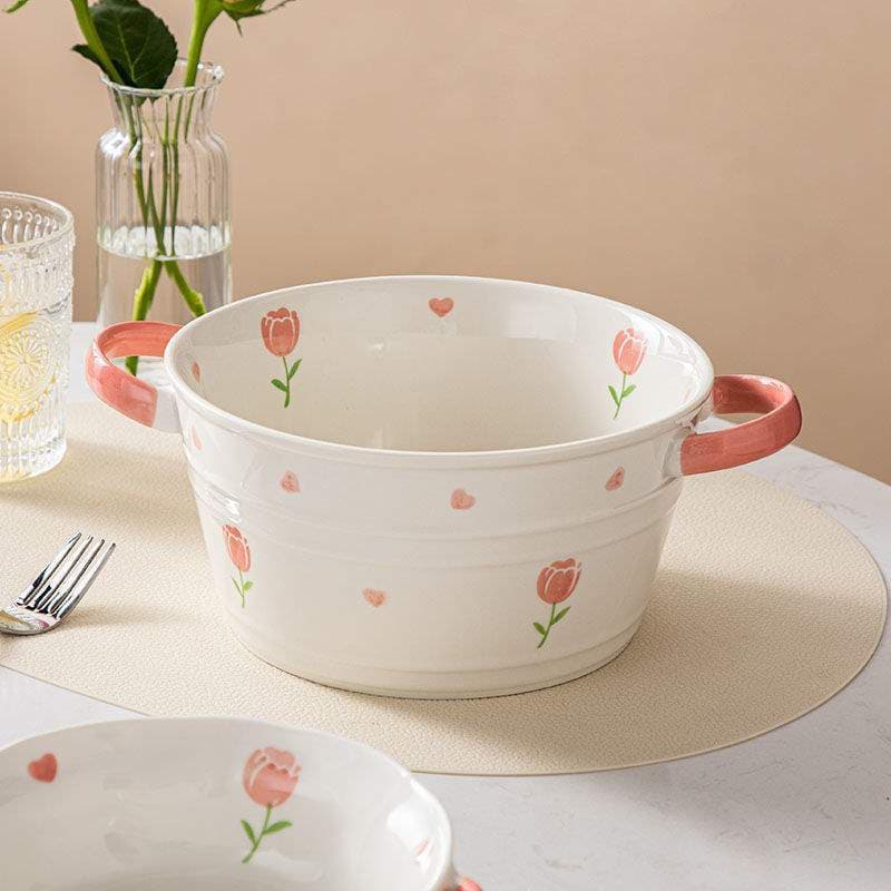 Tulip Double-Handled Large Soup Bowl 2L, Household Tableware, Pickled Cabbage Boiled Fish, Snail Rice Noodle Bowl, Large Soup Basin, Instant Noodle Bowl, Ceramic