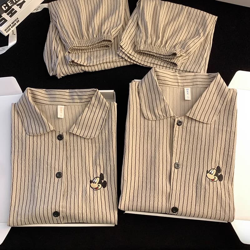 Summer new couple's pajamas for women Japanese internet celebrity style Mickey short-sleeved three-piece suit for men striped home clothes