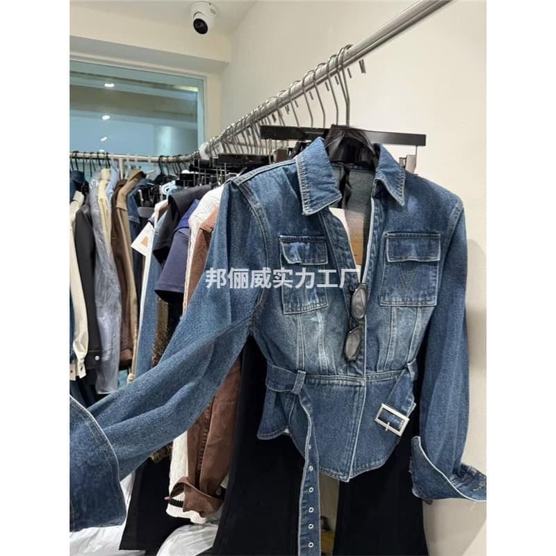 Dongdaemun Summer New Korean Style Versatile Single-Breasted Waist-Cinching Notched Collar Short Denim Jacket for Women