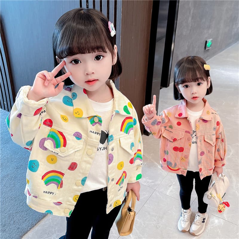 Girls Rainbow Smiley Face Denim Jacket 2024 Spring/Fall New Style Kids Korean Fashion Little Girls Stylish Jacket Trendy