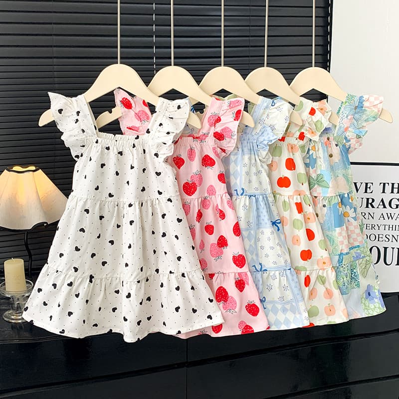 【Parent-Child Set】Children's Cotton Silk Camisole Dress Sleeveless Cake Dress Summer Thin Flutter Sleeve Stylish Floral Dress