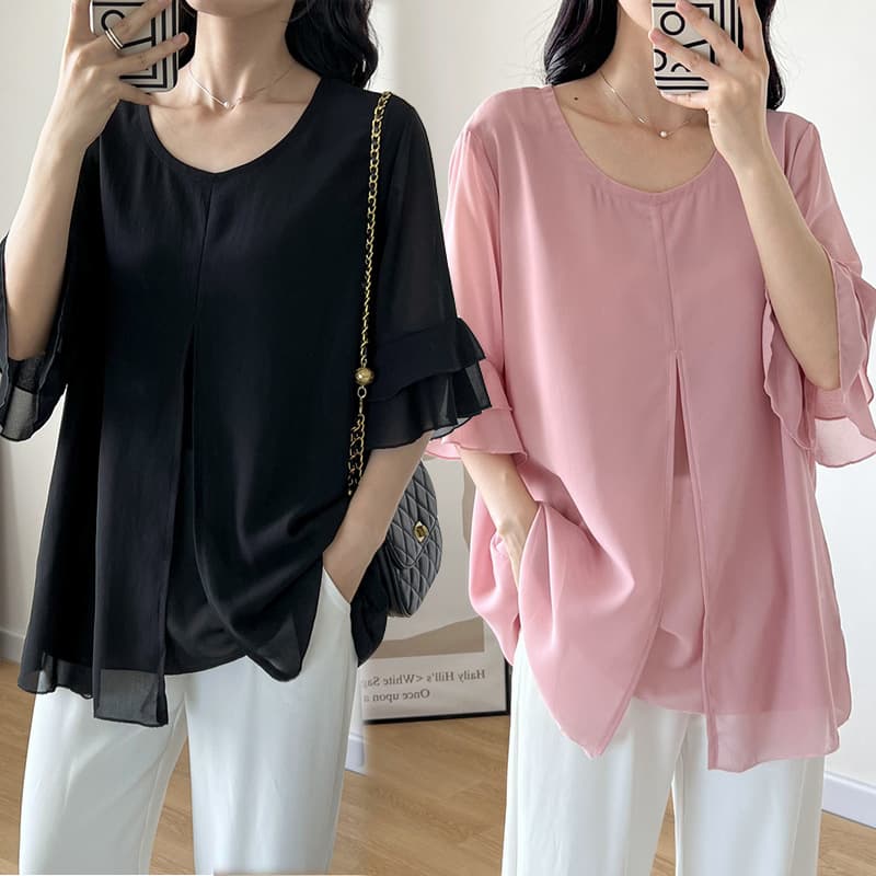 19566 Chiffon Blouse Short Sleeve Simple and Elegant Personality Summer Drape Women's Fashion T-Shirt Plus Size up to 300 Jin