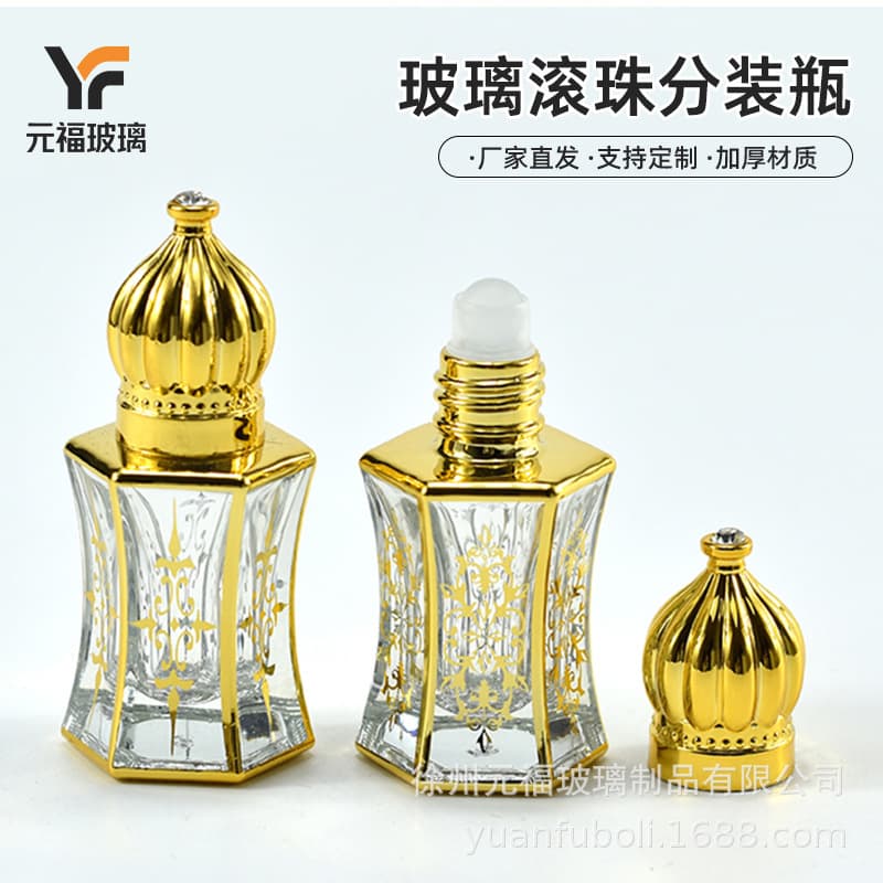 10ml Middle Eastern Style Hexagonal Glass Essential Oil Bottle Electroplated High-End Glass Roller Ball Perfume Bottle Premium Scent Bottle