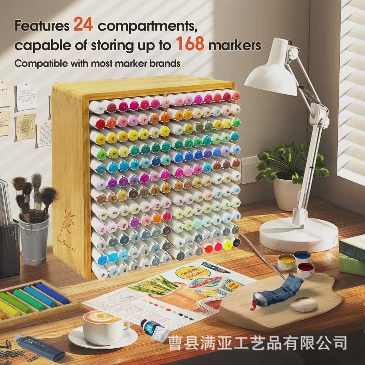 Bamboo Wood Desktop Watercolor Pen Storage Box Office Pen Holder Children Oil Painting Stick Painting Brush Storage Rack Multi-Layer Wooden Frame