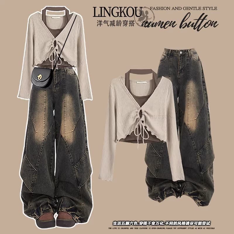 Plus Size Fall Outfit Denim Set for Women, Stylish Faux Two-Piece Halter Top with High-Waist Retro Wide-Leg Pants, 2-Piece Set