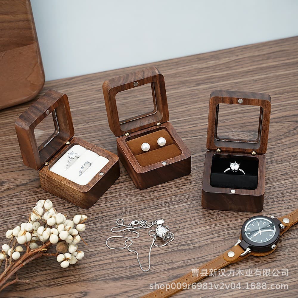 Solid wood ring jewelry box walnut color wedding ring box desktop jewelry packaging box ring earrings storage box