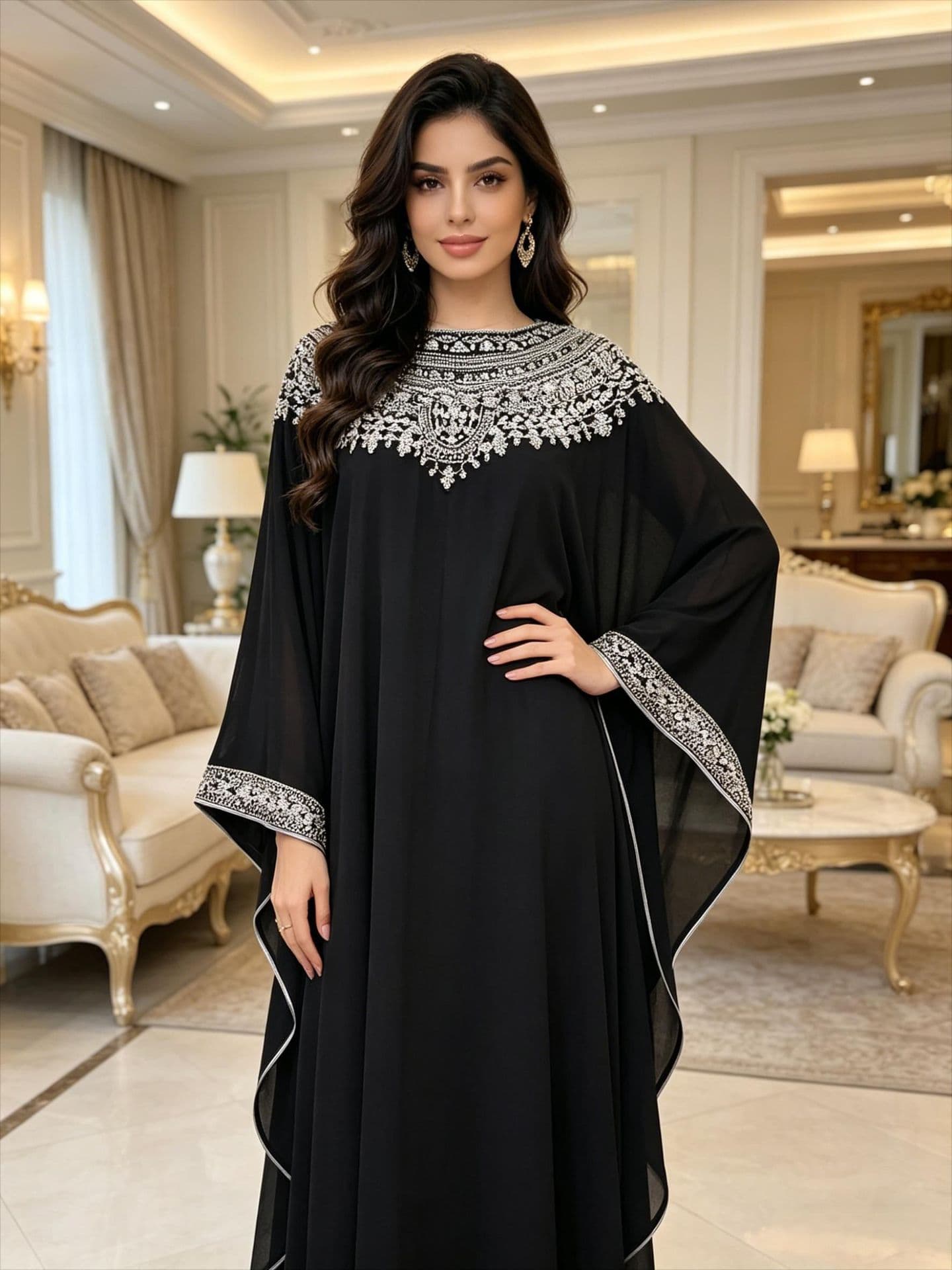 Luxury Heavy Silver Thread Rhinestone Round Neck Long Robe Loose Wide Sleeve Flared Long Banquet Rhinestone Dress Robe