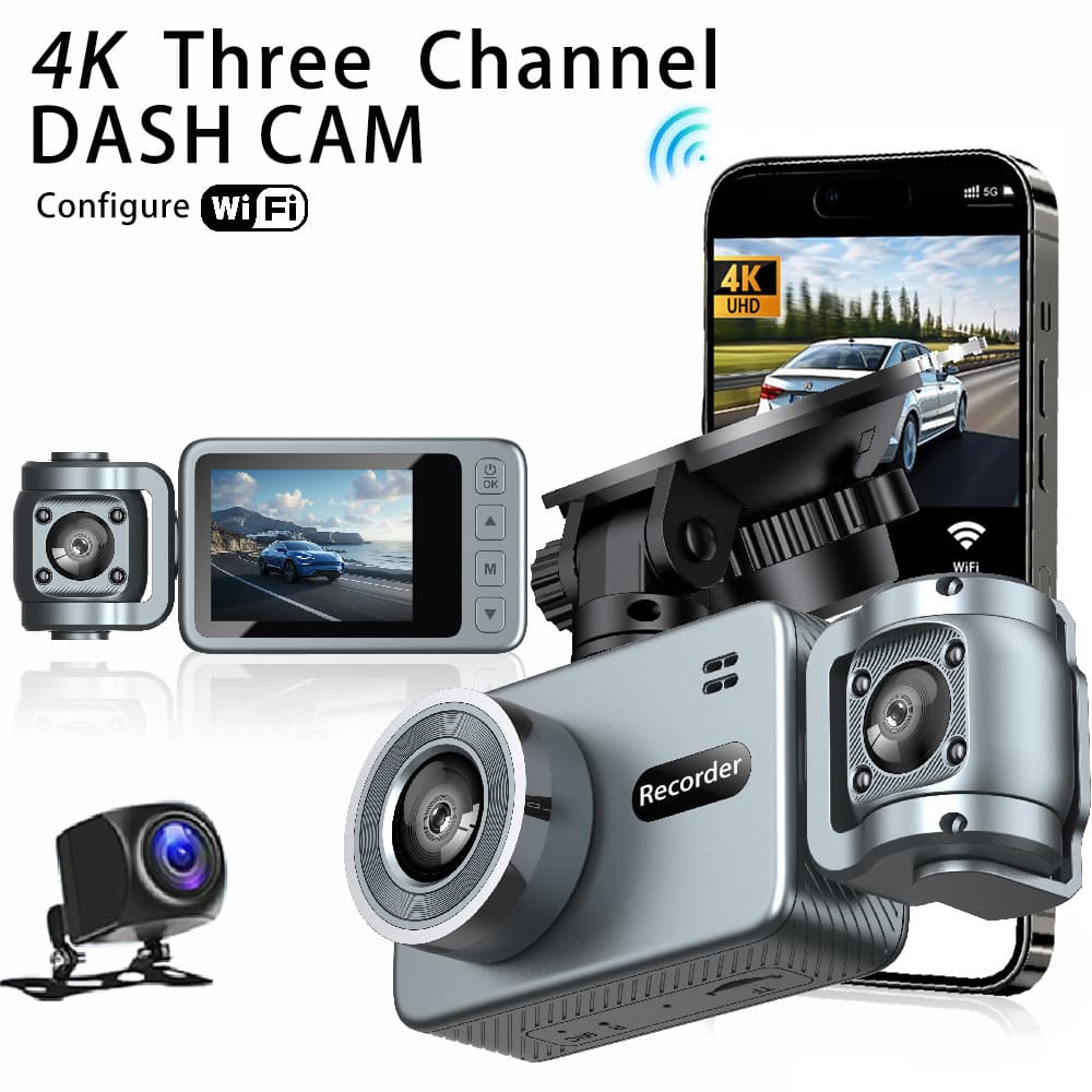 Cross-border hot selling 4K three-record driving recorder high-definition wifi connection dvr front and rear three-recording wide-angle recorder