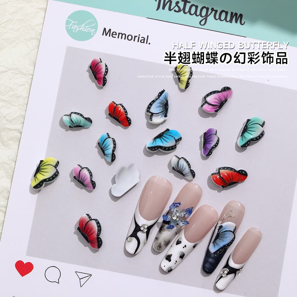 Cartoon manicure butterfly jewelry Internet celebrity new large and small half-arc wings mixed DIY three-dimensional resin manicure diamond