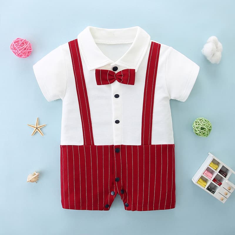 Summer Baby Boy Romper Striped Bowtie Suspenders Short Sleeve Outfit for 100 Days and First Birthday