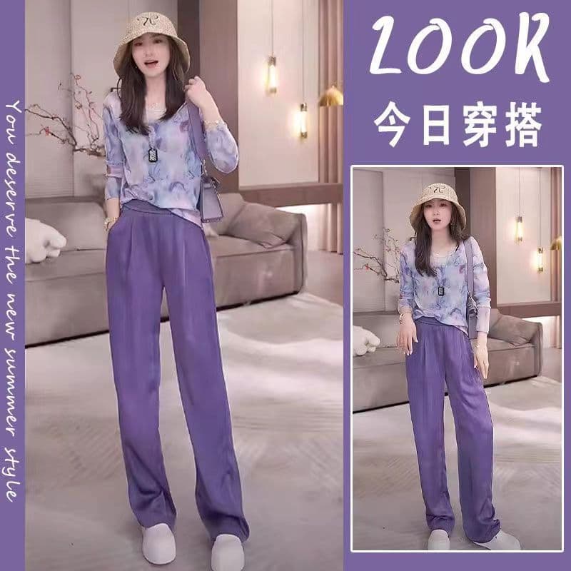 Summer Youthful Outfit Set, Purple Tie-Dye Round Neck Long Sleeve T-Shirt and Wide-Leg Casual Pants Two-Piece Set for Women
