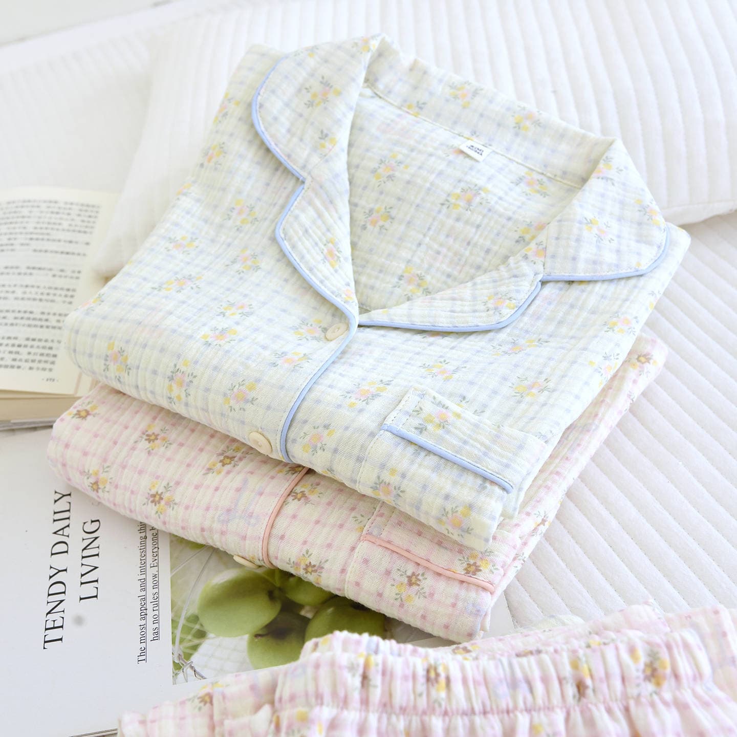Spring/Summer New Women's Cotton Gauze Pajama Set with Crepe Print, Long Sleeve Long Pants, Casual Plus Size Cardigan, Multiple Colors