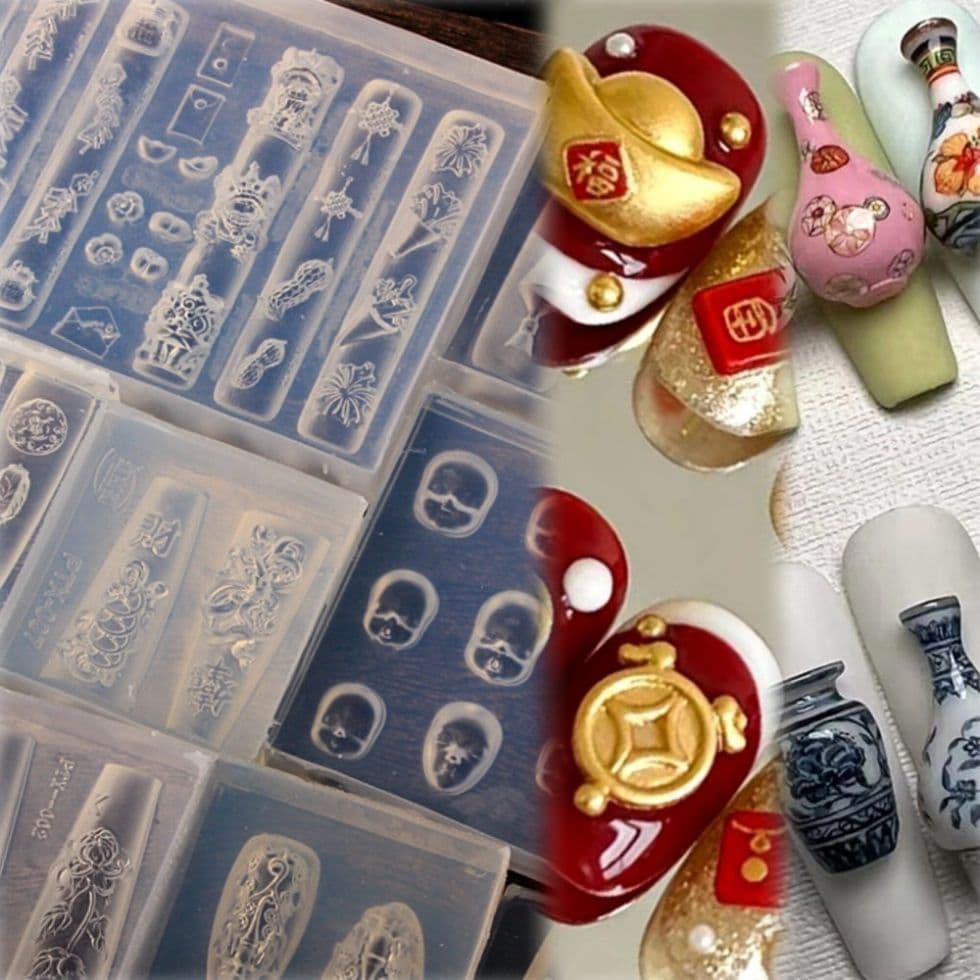 New Year Chinese Style Nail Art Decoration Silicone Mold Classical Vase Palace Lantern Peace Button Awakening Lion Chinese Knot Nail Mold