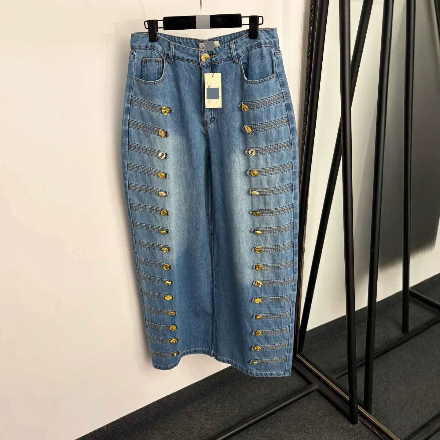 Nanyou High-End Export Style New Car-Line Embroidery Double-Breasted Novelty Gold Buttons High-Waist Wide-Leg Denim Long Pants