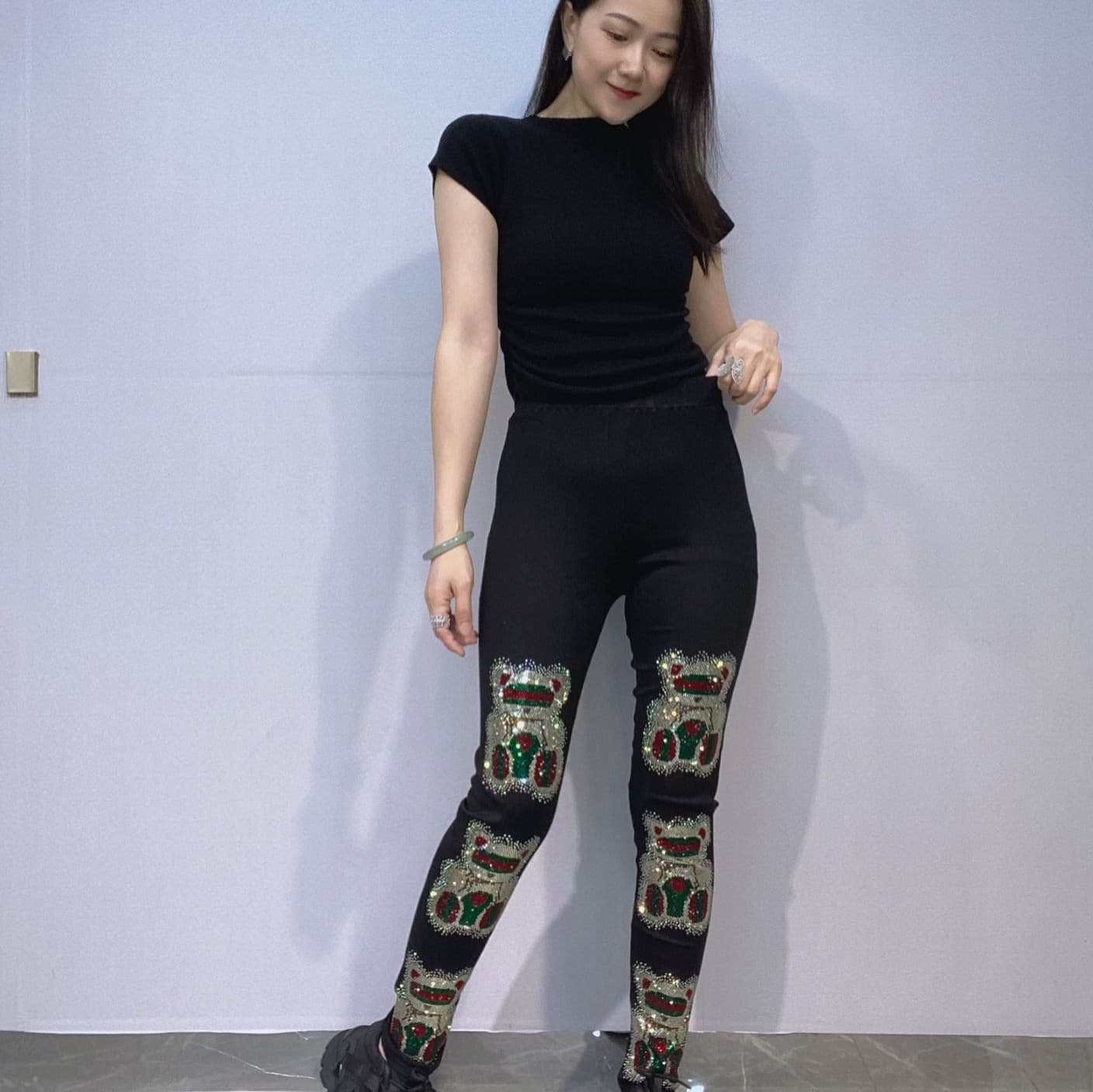 Spring/Autumn Cotton High-Waist Slim Fit Plus Size Leggings Women Rhinestone Color Bear Slimming Black Wear-Out Pencil Pants